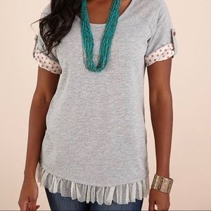 Grey Matilda Jane shirt with lace.